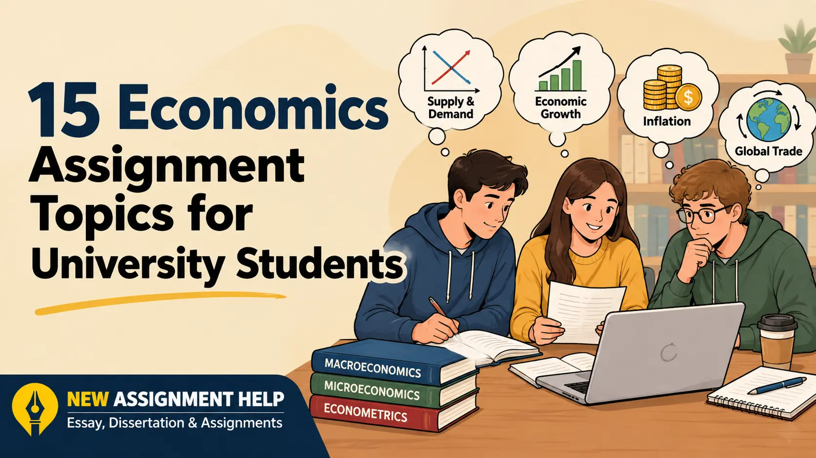 15 Economics Assignment Topics for University Students with students studying economics, supply and demand, inflation, economic growth, and global trade.